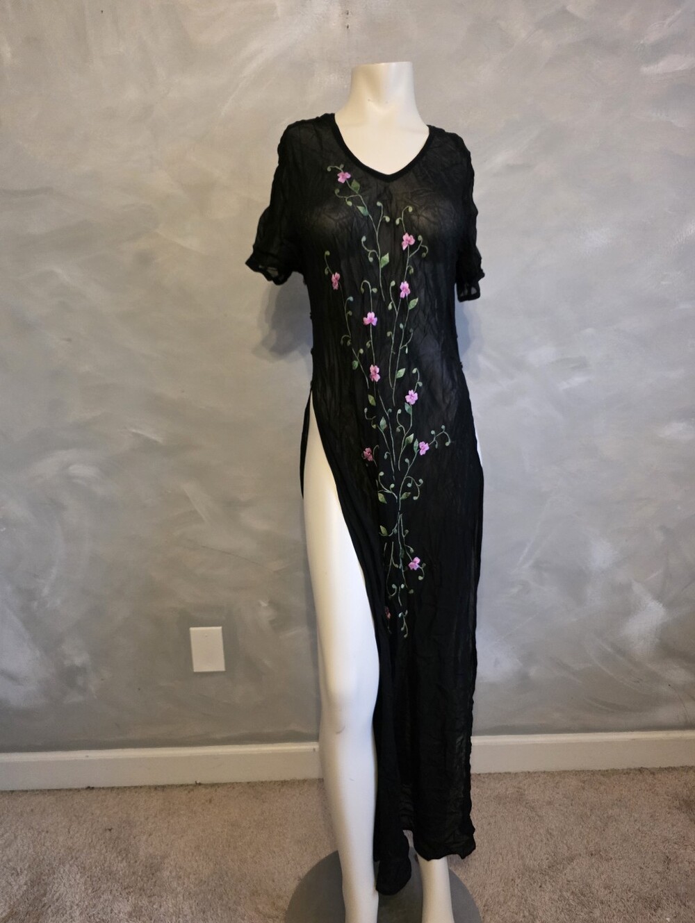 Whimsigoth American Angel Vtg 90s Crinkle Mesh Floral Vines Dual Slit Dress L